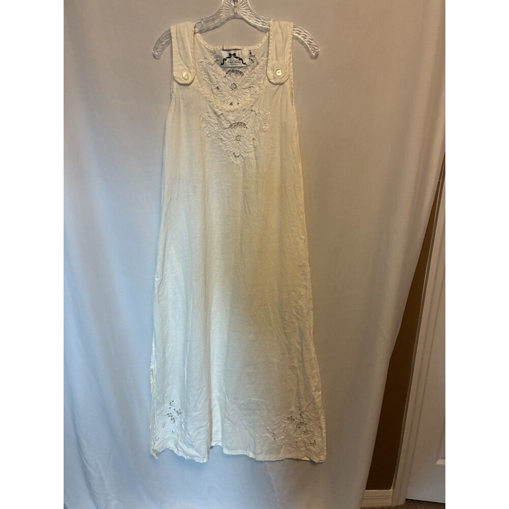Vintage Handmade 100% Linen Maxi Dress Size M Embroidery Off White - Picture 1 of 4